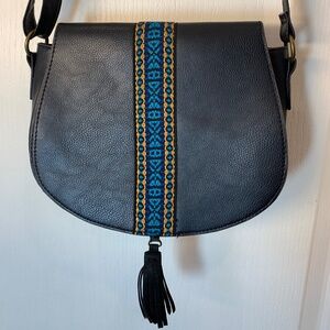 T-Shirt & Jeans Black Crossbody Bag with Blue & Orange Embroidery + Tassel